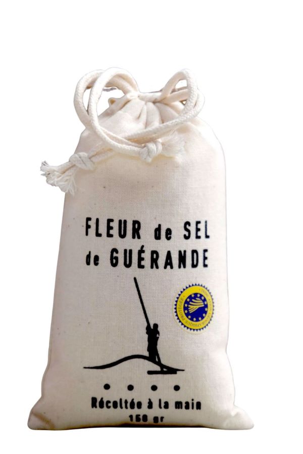 fleur de sel aus guérande im bedruckten baumwollbeutel 150gr bretagne (frankreich)